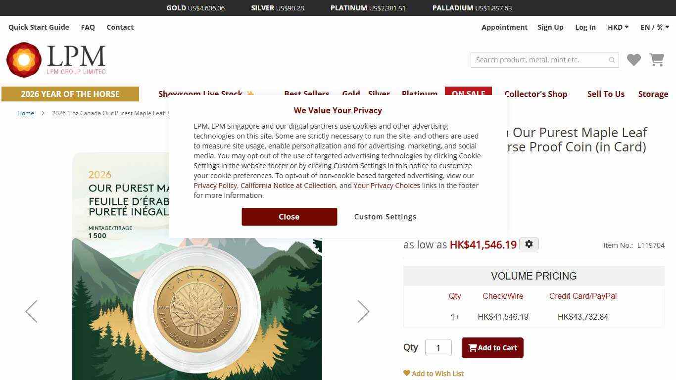 2026 1 oz Canada Our Purest Maple Leaf .99999 Gold Reverse Proof Coin (in Card)